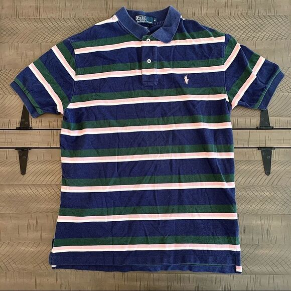 𝅺Polo Ralph Lauren Multi-Color Pink Green Blue Striped Cotton Polo Shirt Size M - Picture 1 of 5